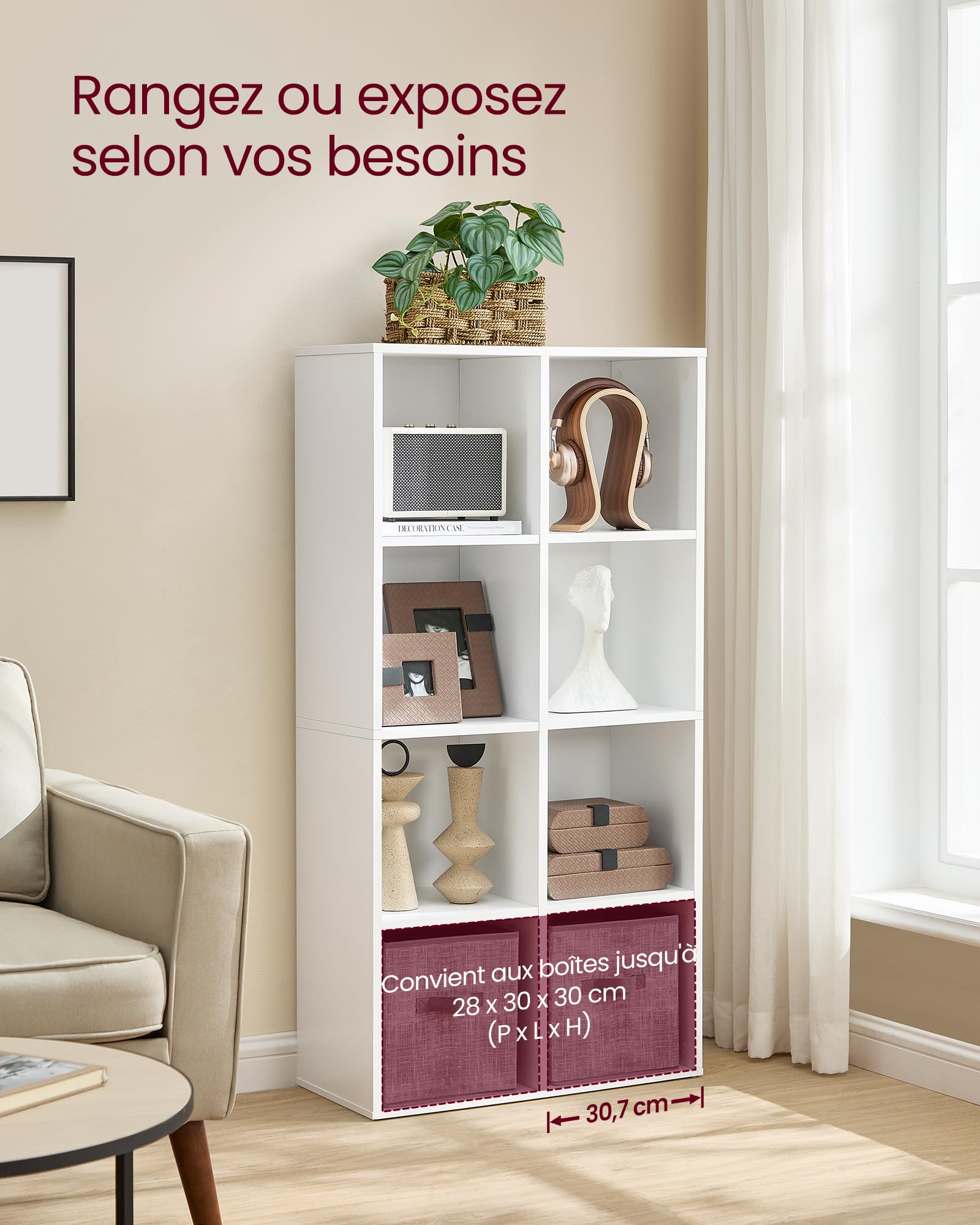 VASAGLE CUSTOS Collection - Bibliothèque en Bois, Étagère de Rangement, Meuble de Rangement Cube, 65,8 x 30 x 130 cm, 1 Pièce, pour Salon Bureau, Blanc CUSTOS LBC024WTV2