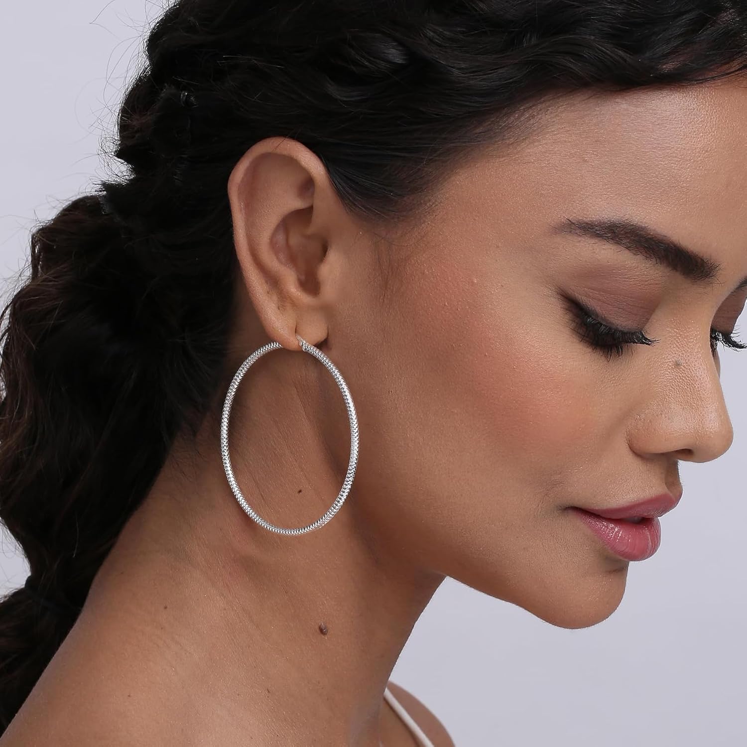 LeCalla 925 Sterling Silver Hoop Earrings for Women Diamond-Cut Classic Textured Italian Design Click-Top Hoop Earrings for Women (15mm to 70mm) - Image 2