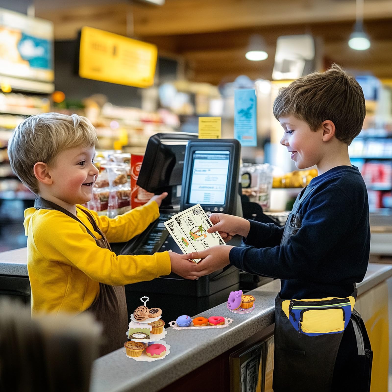 Spieltasche für kleine Jungen im Alter von 3-6 Jahren, Mein erstes Brieftasche-Spielzeug mit Taillentasche, Dinosaurier-Brieftasche, Smartphone, Smartwatch, Autoschlüssel und gefälschtes Geld