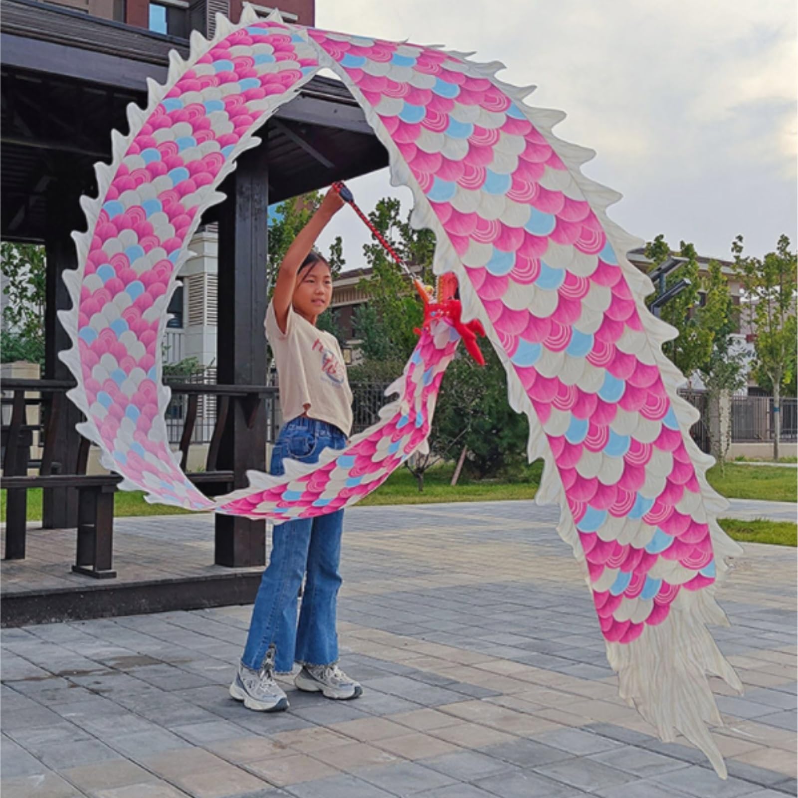 Drago Cinese per Feste Nastro da Danza del Drago Streamer Lancio All'aperto con Testa di E Corda Oscillante Combinati for La Festa Feste Cinesi in Italia(3 Meters)