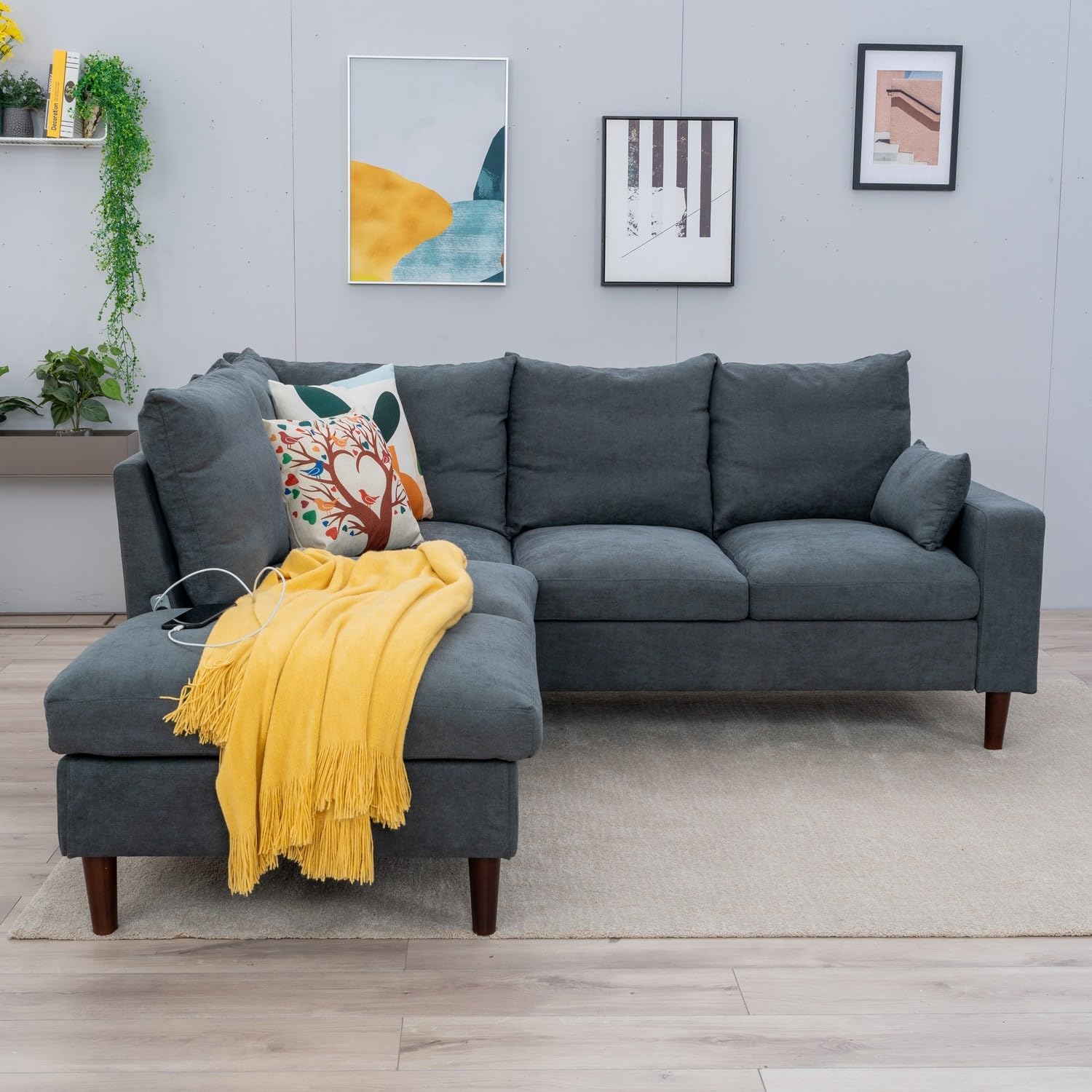 Panana6 Seater Convertible Sectional Sofa L-Shape Sofa Couch Linen Fabric Upholstered for Living Room, Apartment, Office (Grey, 5 Seater with Built-in USB Port Chaise)