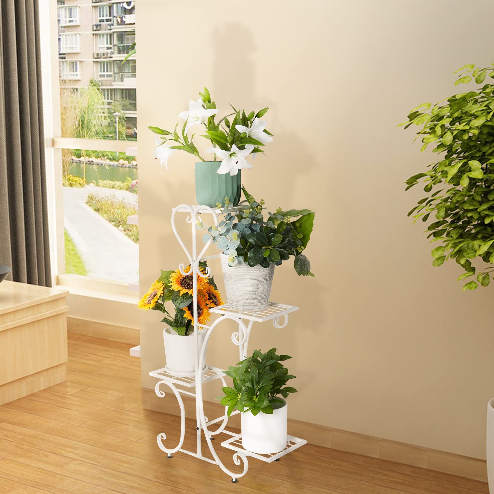 UNHO Espositore per Fiori Ferro: Bianco Verticale Supporto Fioriera in Metallico per Piante orchidee Scaffalatura per interni esterni per 4 Ripiani Scaffale Porta Piante Vasi in Ferro battuto