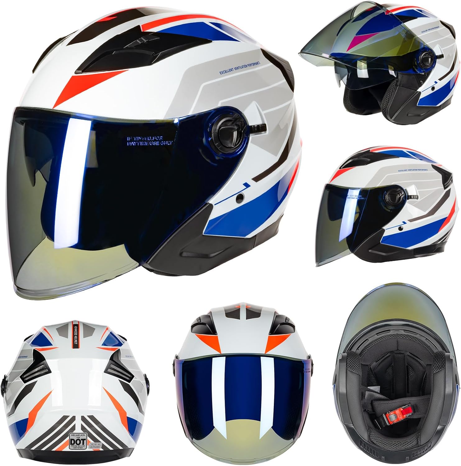 Open Face 3/4 Motorcycle Helmets for Adult Men Women, DOT Approved Dual Visor Street Bike Racing Helmet, Motorbike ATV Moped Cruiser Helmet with Gloves & Mask