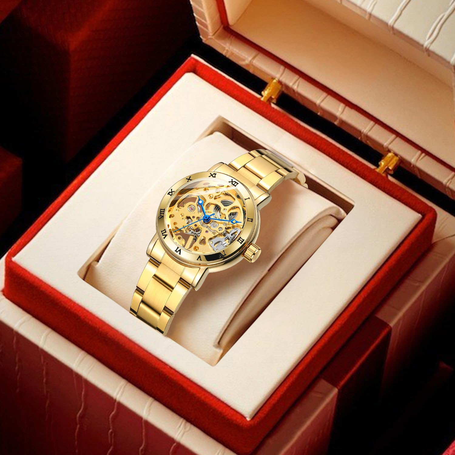 MASTOP Orologio da polso meccanico automatico da donna, in acciaio inox, con scheletro, orologio da polso a carica automatica, impermeabile, quadrante da donna