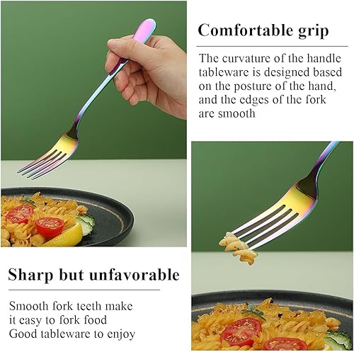 Miniatura 6 de Rainbow Dinner Tenedor de 12 piezas, acero inoxidable chapado en titanio arcoíris de 8.07 pulgadas, tenedores para pasteles, tenedores de mesa,