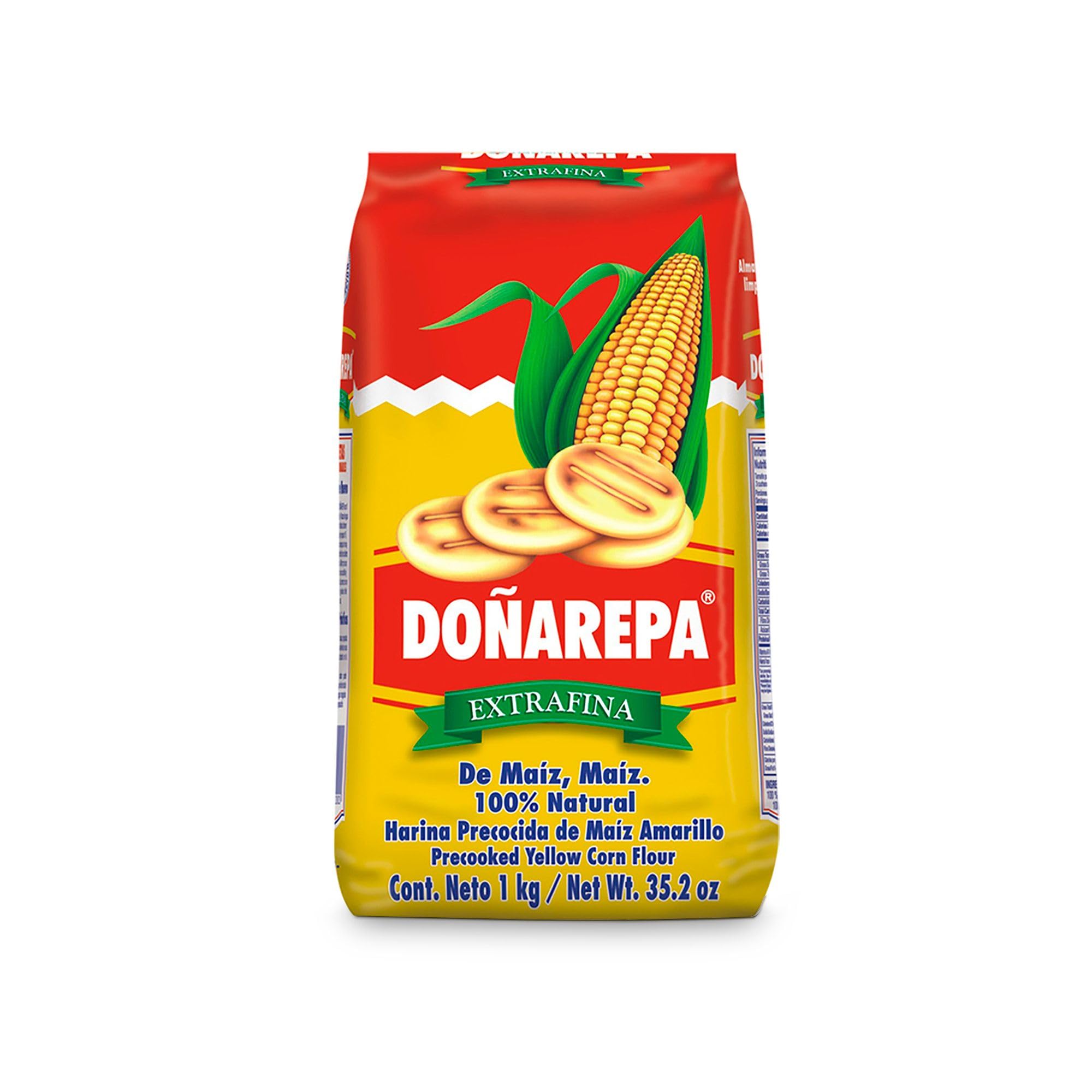 Doña Arepa - Harina de Maíz amarillo Extrafina - (Pack 10 x 1 kg) - 100% Natural y Rico en Fibra - Ideal para Preparar Arepas Colombianas, Cachapas y Platos típicos
