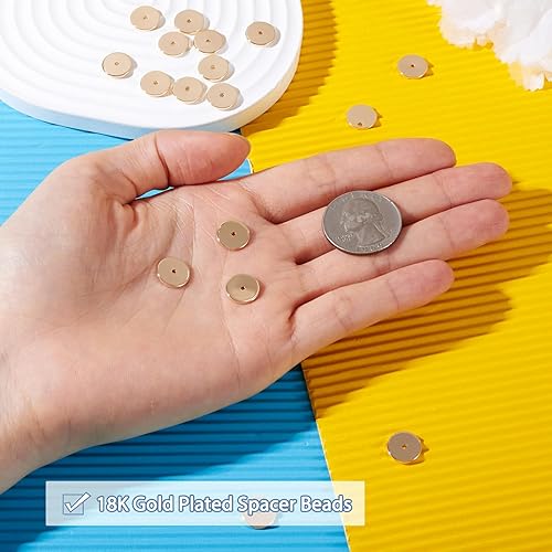 Miniatura 5 de Craftdady 50 cuentas redondas planas chapadas en oro de 18 quilates de latón galvanizado de 0.394 pulgadas para hacer joyas agujero 0.059 pulgadas