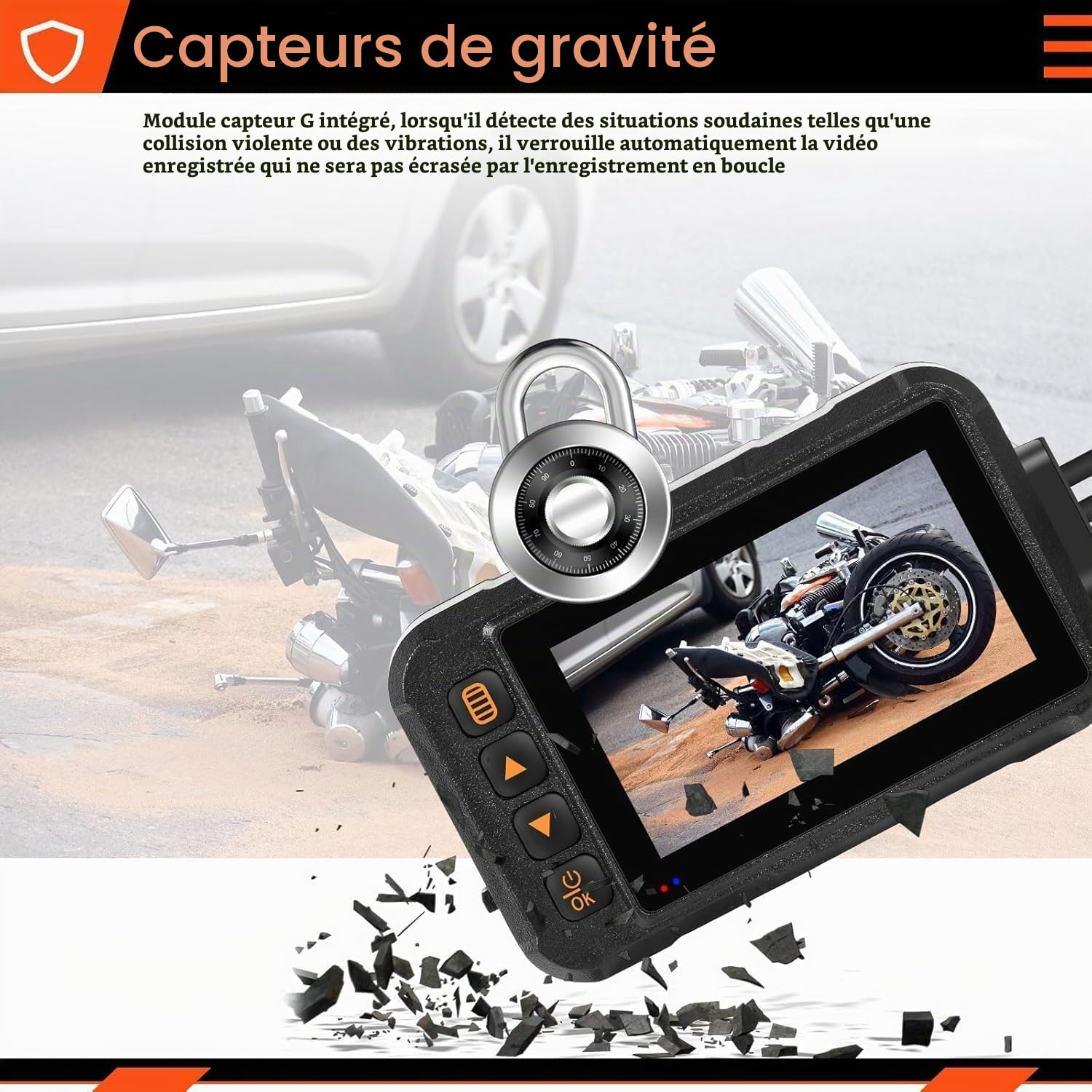 CAMECHO Moto Dashcam 3 Pouces, IP67 Étanche Double Caméra Grand Angle 120 Degrés 90 Degrés Caméra pour Moto avec HDR, Capteur G, Enregistrement en Boucle