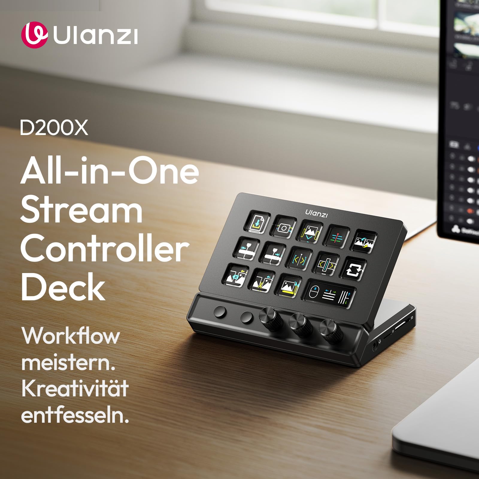 ULANZI D200X 8-in-1 Stream Controller mit 3 Drehknopf 14 LCD-Makrotasten, Streamdeck mit USB-C Dockingstation, 4K HDMI, Audioanschluss, kompatibel mit Mac/Windows, für OBS/Streaming/Editing/Fotografie