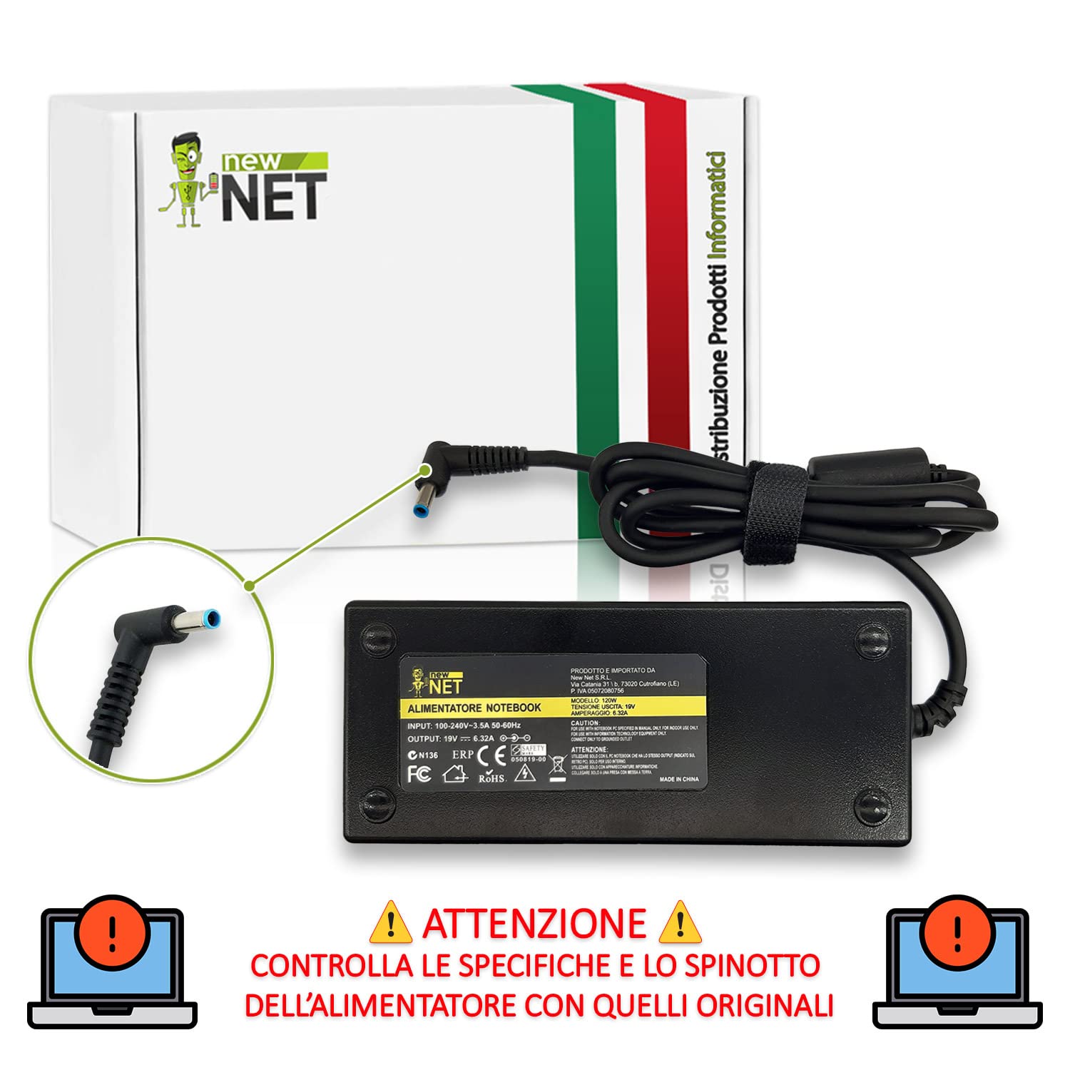 New Net Alimentatore - Caricatore Caricabatteria compatibile con Notebook ASUS ROG g501 g501j g501V [ 19V 6.32A 120W - 4.5 x 3.0 mm ]