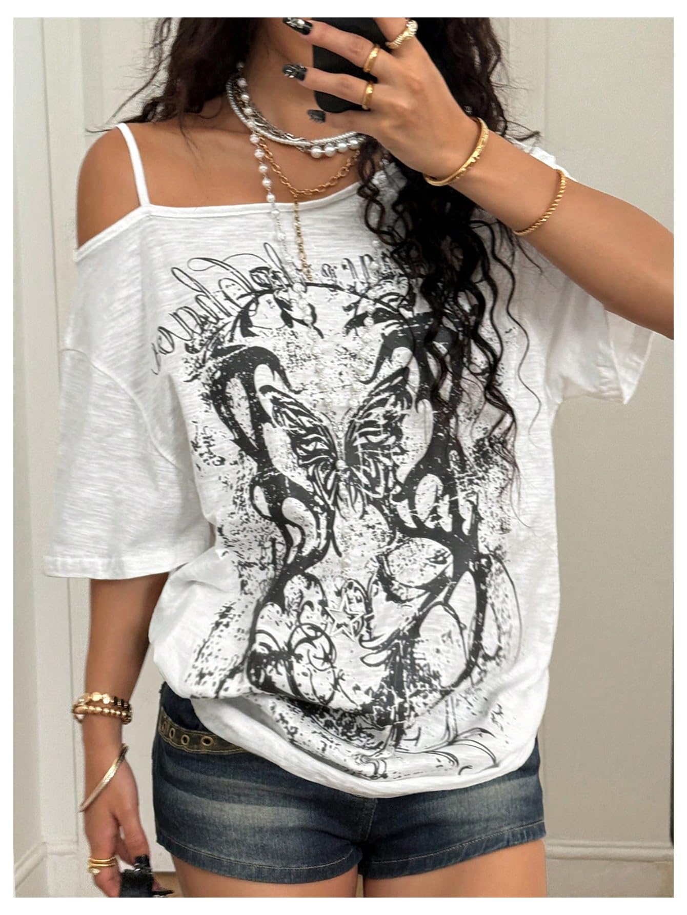 Floerns Maglietta da donna gotica con spalle scoperte, mezza manica, hip hop, con farfalla