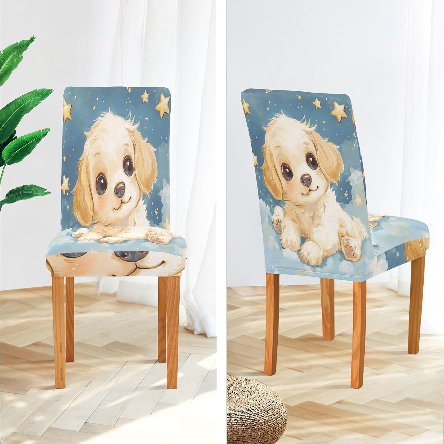 ALAZA Chair Covers for Dining Room, Cute Puppy Dog Clound Stars Stretch Chair Cover Sets Chair Protector Removable Washable for Ktichen Restaurant Hotel