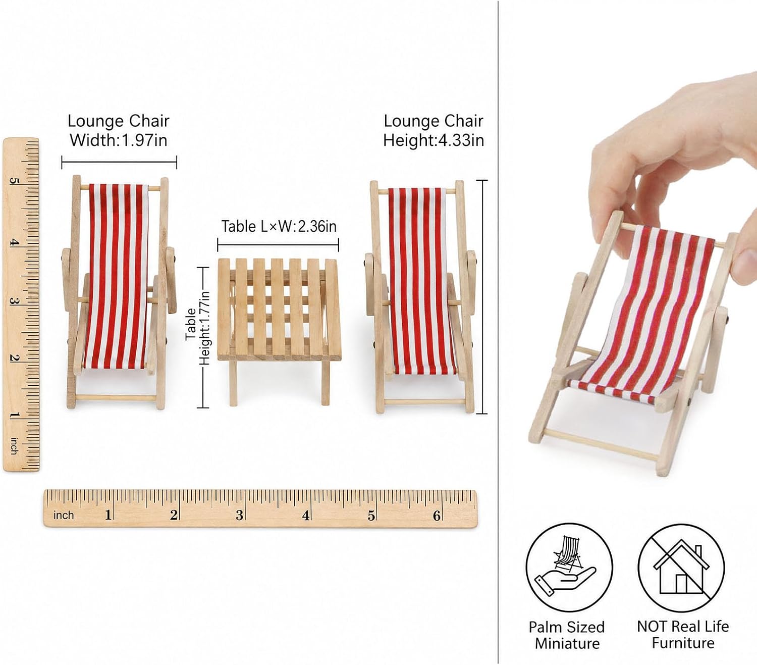 3Pcs Miniature Beach Lounge Chair Table 1:12 Dollhouse Accessories, Red image 4