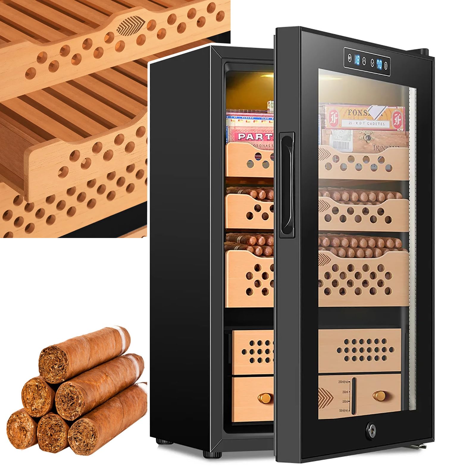 Humidor Elektryczny, 3-Warstwowy Humidor Z Drewna Cedrowego, StałA Temperatura I Wilgotność, PomieśCi 400 Cygar, TróJwymiarowa Wentylacja 360°