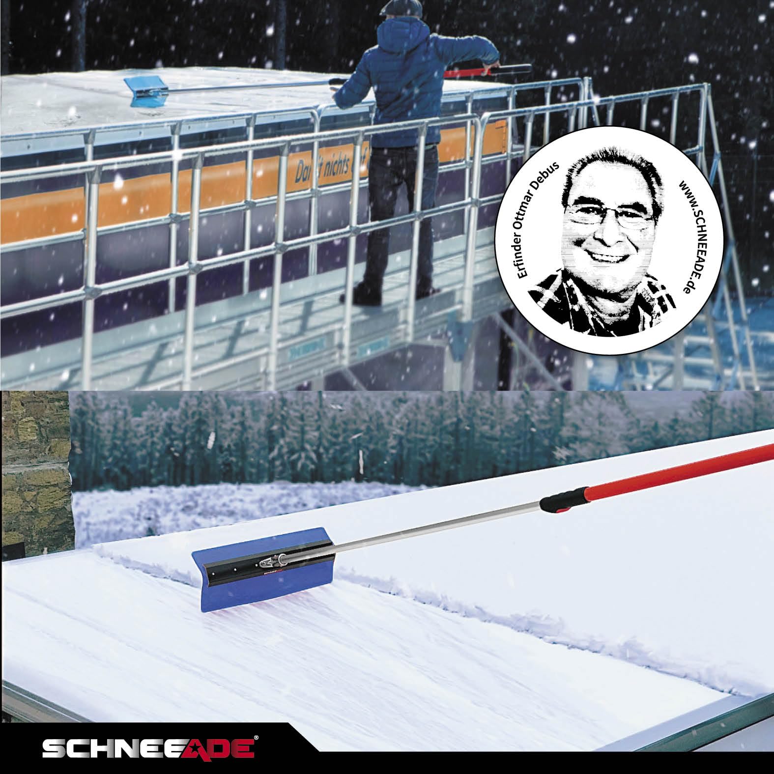 Ausziehbarer Universalschieber - beseitigt Schnee, Wasser, Eis | ADEtele | 50cm | LKW-Auflieger, PV-Anlagen, Schneeschieber, Wasserschieber, Teleskopstiel | Made in Germany | SCHNEEADE