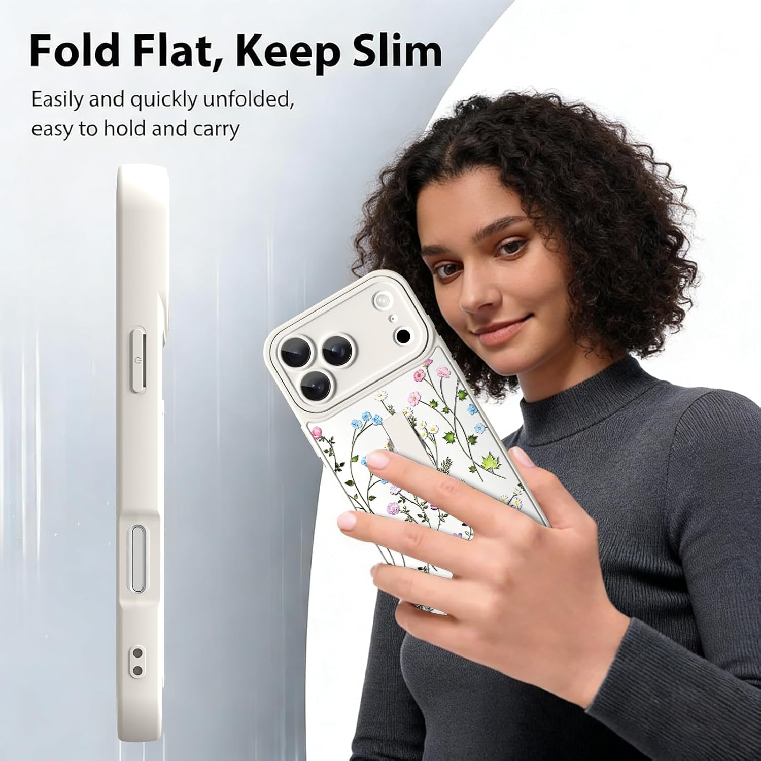 3D Floral Case for iPhone 17 Pro Max with Finger Hand Strap Kickstand Cute Green Flowers Design Pattern for Women Man Slim Full Camera Protection Shockproof Phone Case