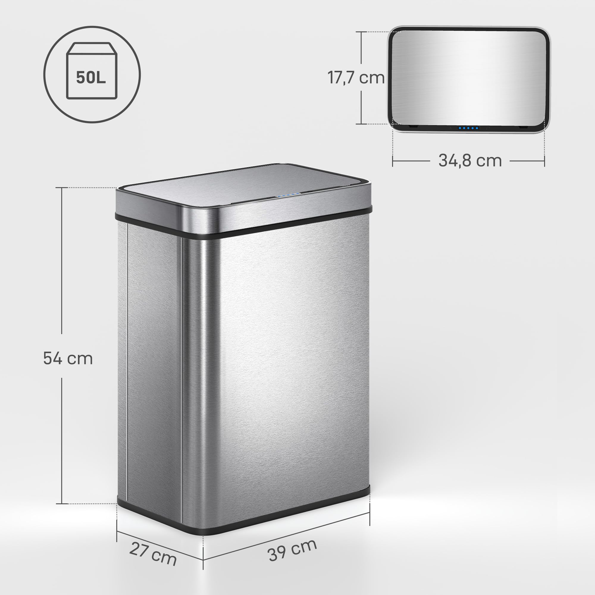 HOMCOM Poubelle à Capteur 50 L, Couvercle à Fermeture Douce Argenté | Poubelle de Cuisine Automatique sans Contact, en Acier Inoxydable Anti-Traces, pour Cuisine, Maison, Bureau
