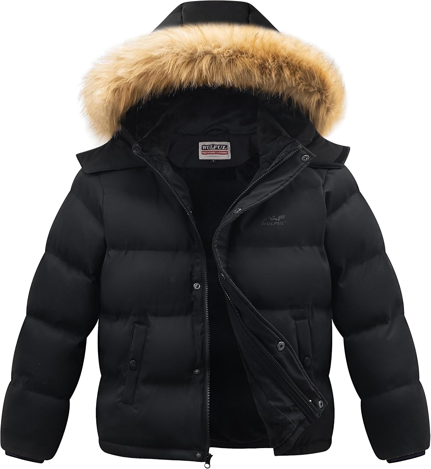 WULFUL Boy's Girls Winter Coats Waterproof Fleece Lined Puffer Jackets Kids Thicken Outerwear With Detachable Hood