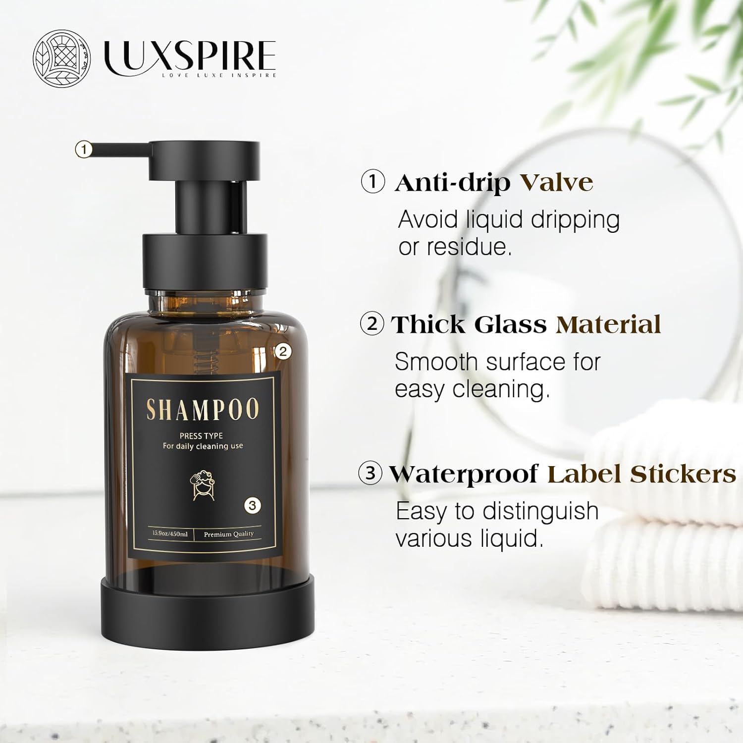 Luxspire Foaming Soap Dispenser, Glass Foam Pump Soap Dispenser, Non-Slip Hand Soap Bottle with 5 Waterproof Labels, 15 Oz Refillable Liquid Soap Bottle for Bathroom & Kitchen, Amber, 2 Pack - Image 3