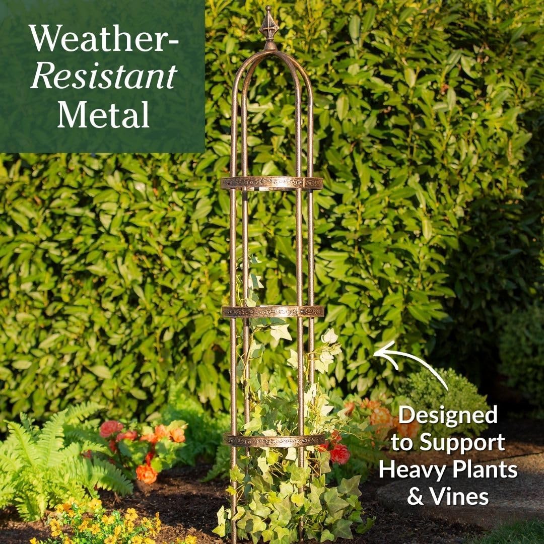Plow & Hearth Metal Garden Obelisk | Indoor/Outdoor | Powder-Coated Steel | Trellis for Climbing | Floral Pattern | 11" Dia. x 5'H | Bronze