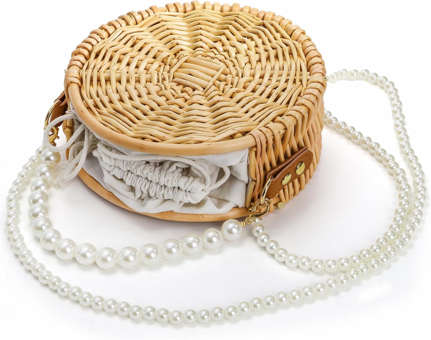 Round Rattan Bag, 8" Hand-woven Wicker Basket Purse, Boho Crossbody Handbag With Pearl Strap Handle, Retro Summer Beach Straw Tote Clutch for Women - Image 6