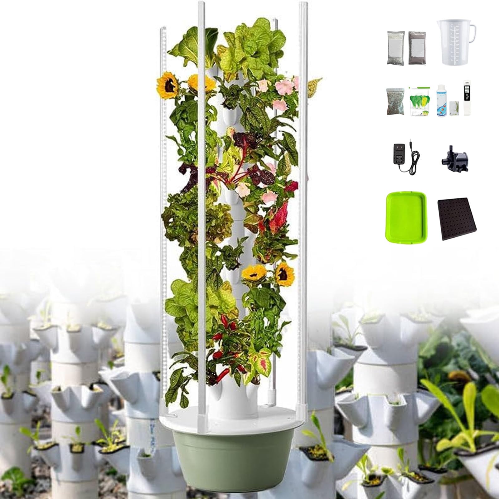 RUODATONLY Hydroponic Growing System Tower, 9 Layered Hydroponic Tower 36 Slots, with 30L Water Tank and nutritional pack set, Hydroponics Growing System for Balconies, Courtyards 5Layer