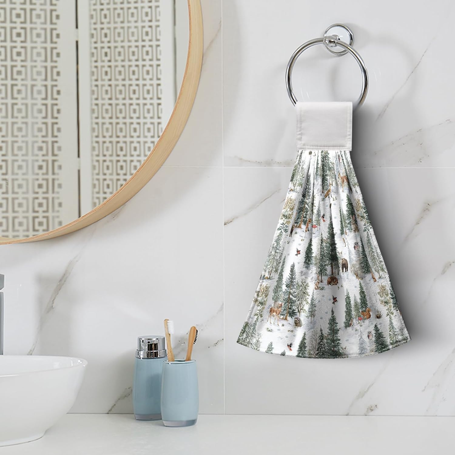 Winter Animals Forest Kitchen Towels with Loops Xmas Holiday Decorative Hand Tie Towel Fast Drying Dish Cloth Soft Absorbent Hanging Hand Towels for Bathroom Kitchen Set of 2 - Image 2