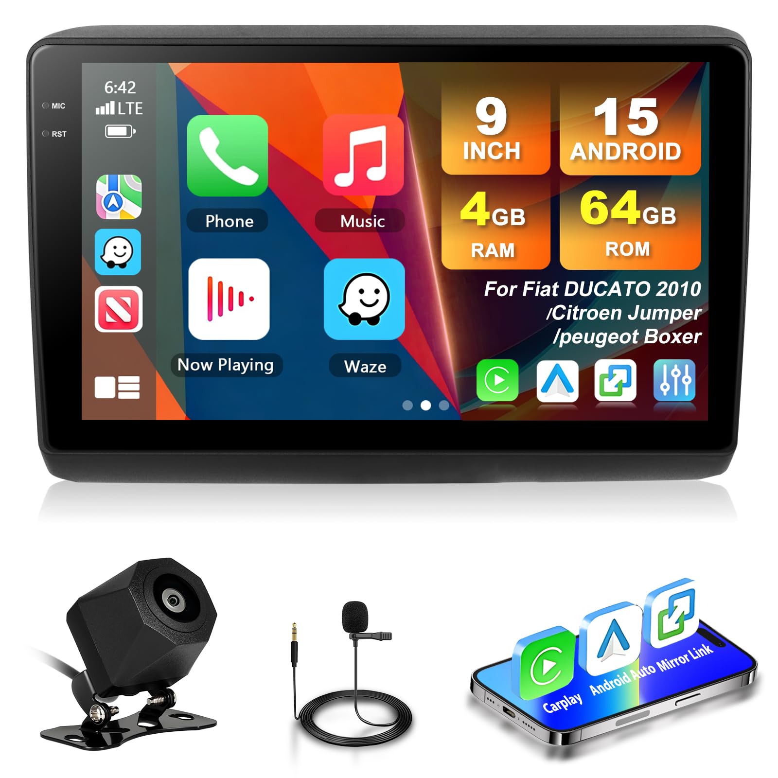 4GB+64GB Carplay Autoradio pour Peugeot Boxer pour Fiat Ducato 2010 pour Citroen Jumper, Android Auto Incell GPS Navigation WiFi FM/RDS Radio SWC Canbus Bluetooth EQ + Caméra de Recul