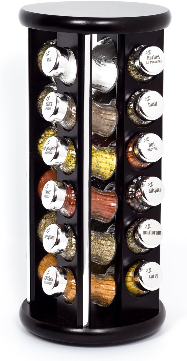 24 Jar Revolving Wooden Spice Rack Filled with Herbs and Spices + 2 Jars Absolutely Free! Made in EU- Poland- Rotating 24-Silver line-venge. Silver Glossy caps