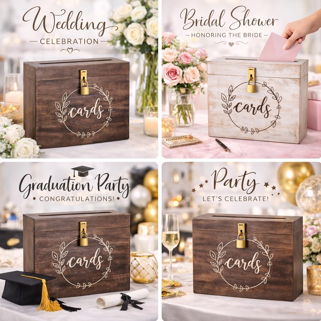Wedding Card Box with Card Slit and Lock 12"X10"X4.5"- Gift Wishing Well Card Box for Weddings, Receptions, Birthdays, Graduations, Baby Showers, Honeymoon Funds LF (WALNUT)