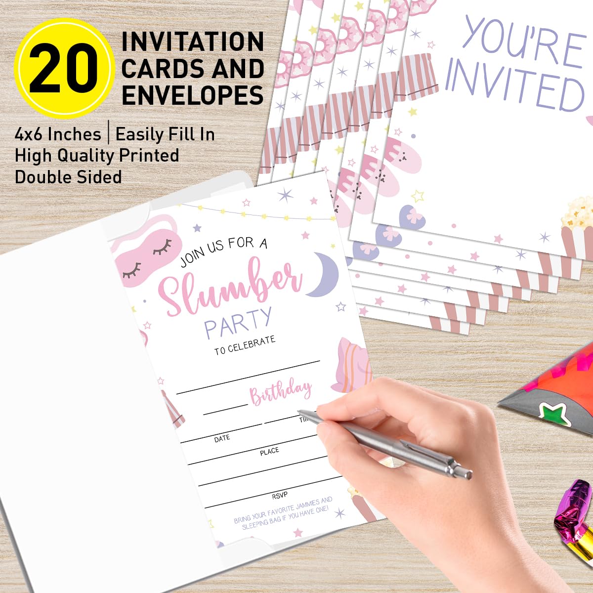 20 Sleepover Birthday Invitations With Envelopes - Watercolor, image size:1200x1200