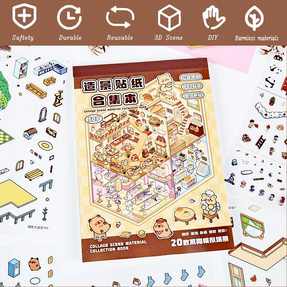 3D Sticker Scene Book for Adults & Kids - 20 Sets Aesthetic Room Scenes with Cute Bear, Panda, & Pony, Your 15-Minute Scene Escape Reusable Sticker Book for Stress Relief & Journaling image 2