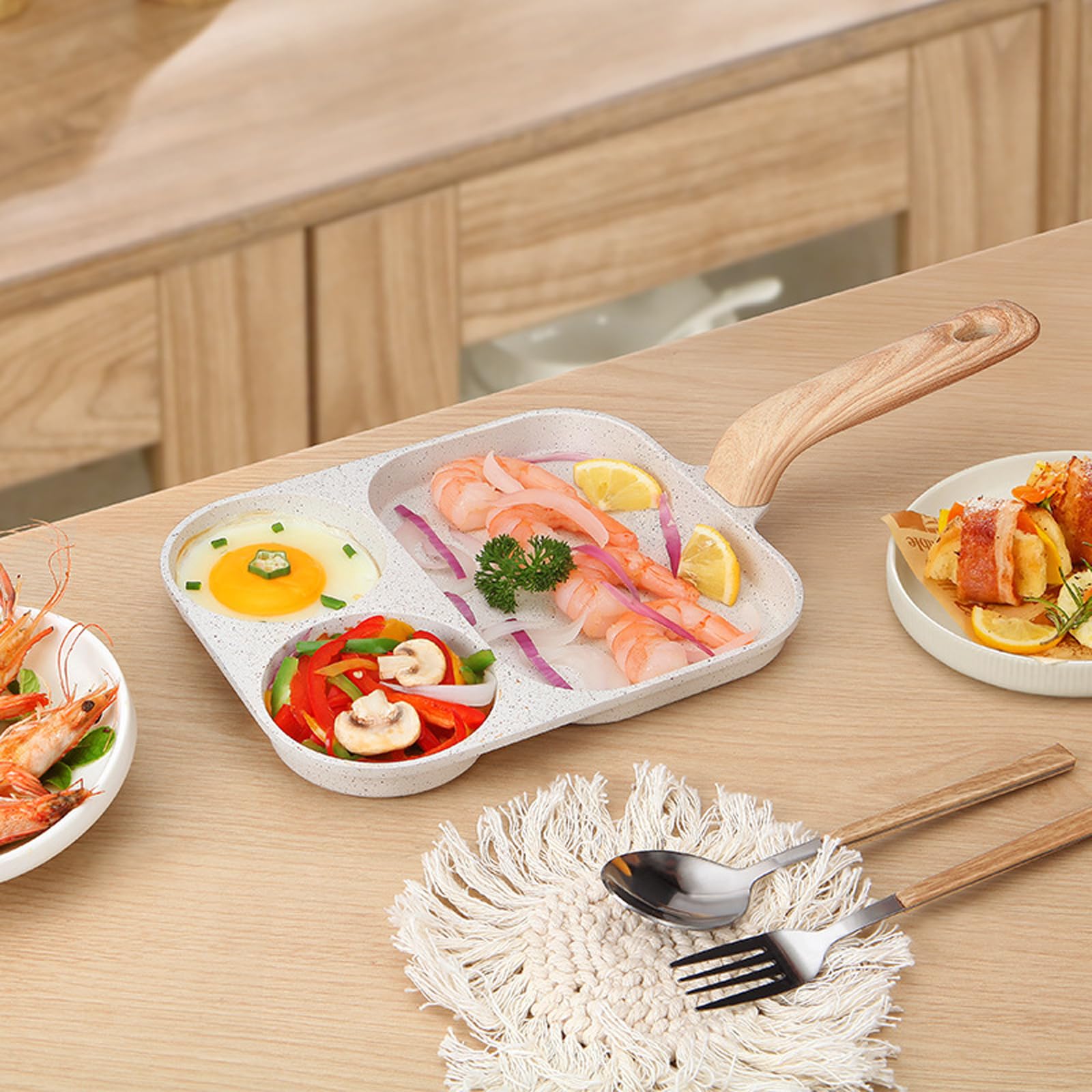 Padella antiaderente per uova da colazione a 3 sezioni, per pasti veloci al mattino, con manico ergonomico resistente al calore
