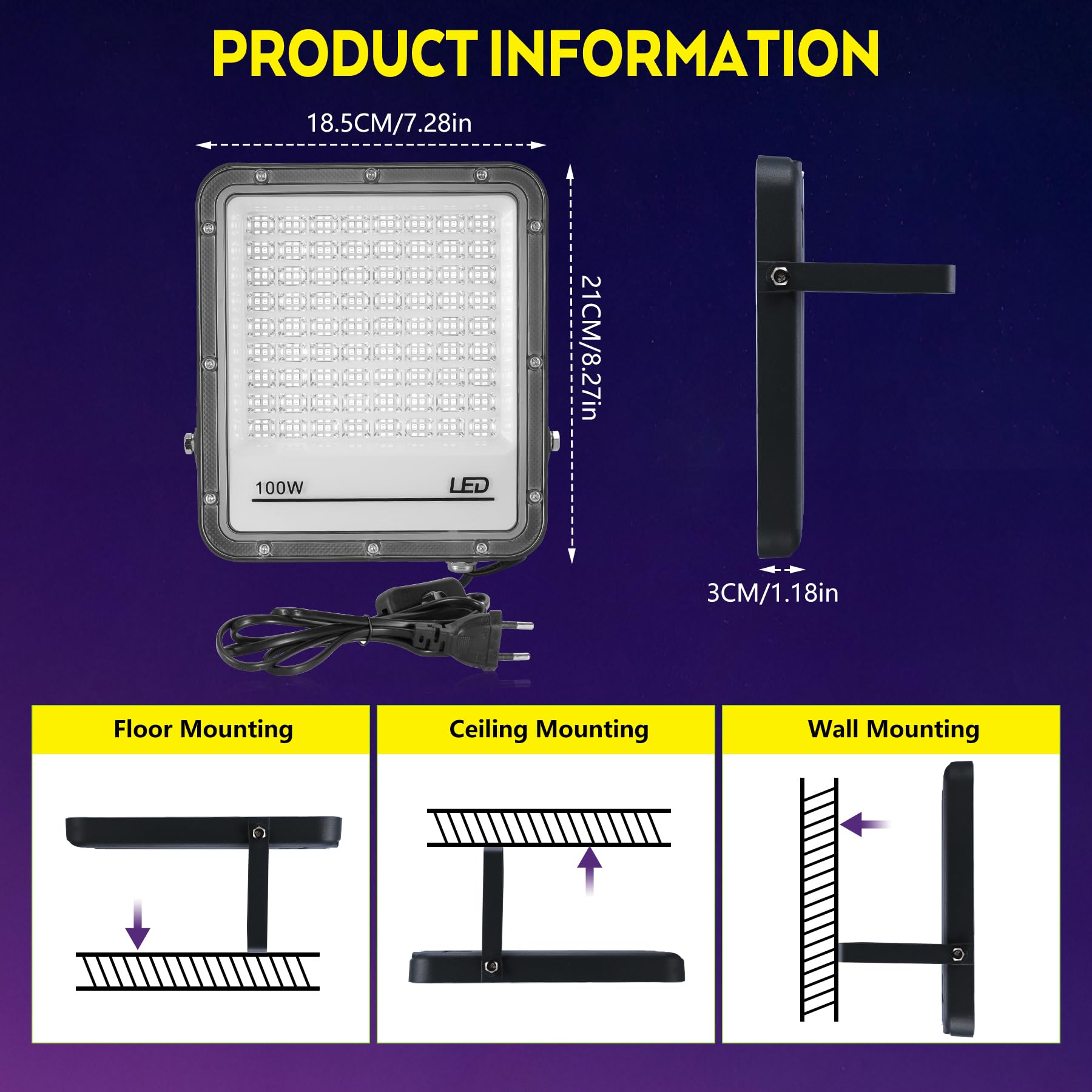 VAYALT 2 Pcs 100W UV Lumière Noire, IP65 Étanche, 395nm Lumière Noire Ultraviolet, pour Soiree Fluo Party, Body Painting, Disco, Bar, Aquarium, Halloween, Éclairage de Scène