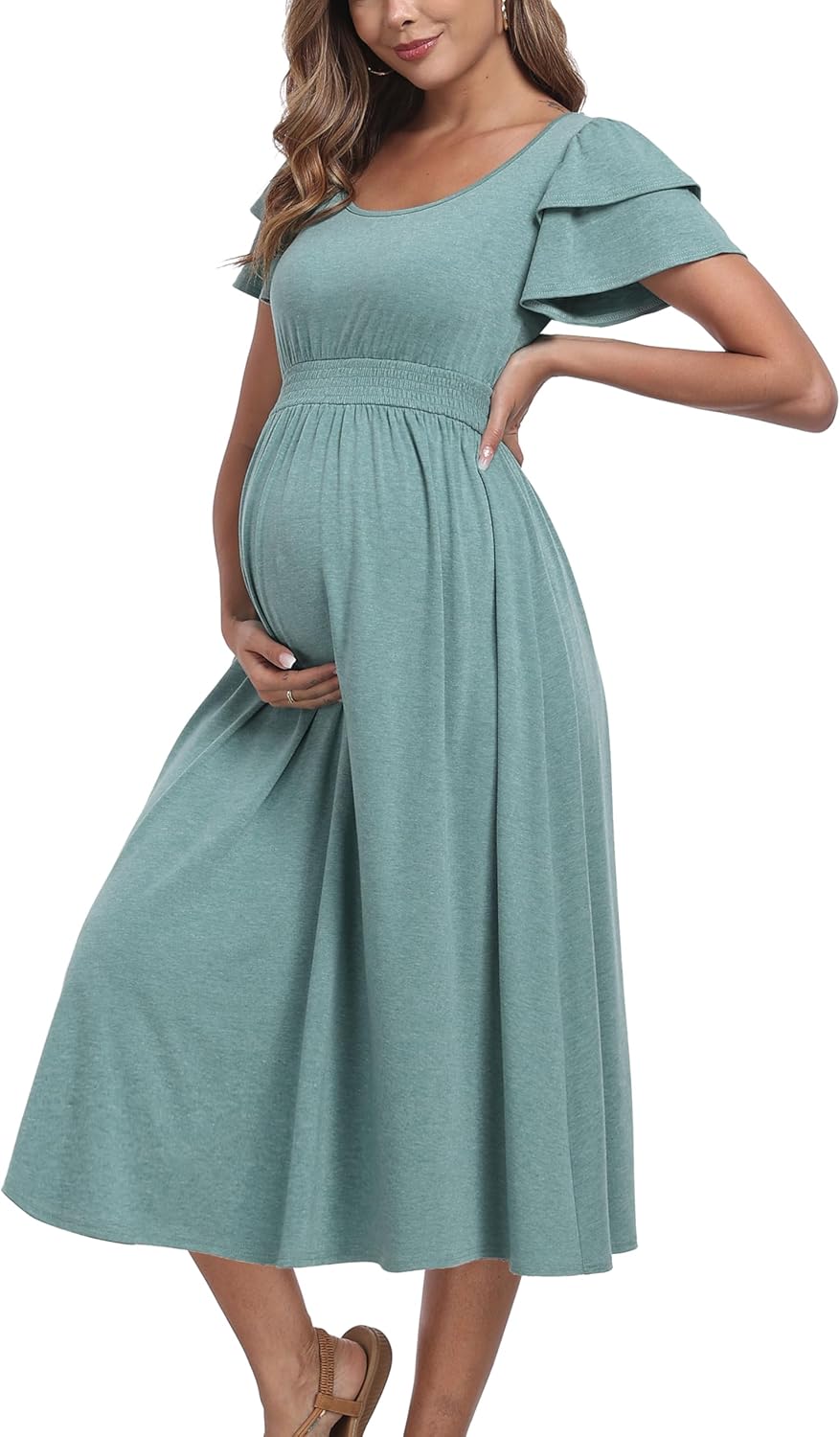 Ruffle Short Sleeve Maternity Dress High Waisted Midi Spring Baby Shower Dresses - Image 2