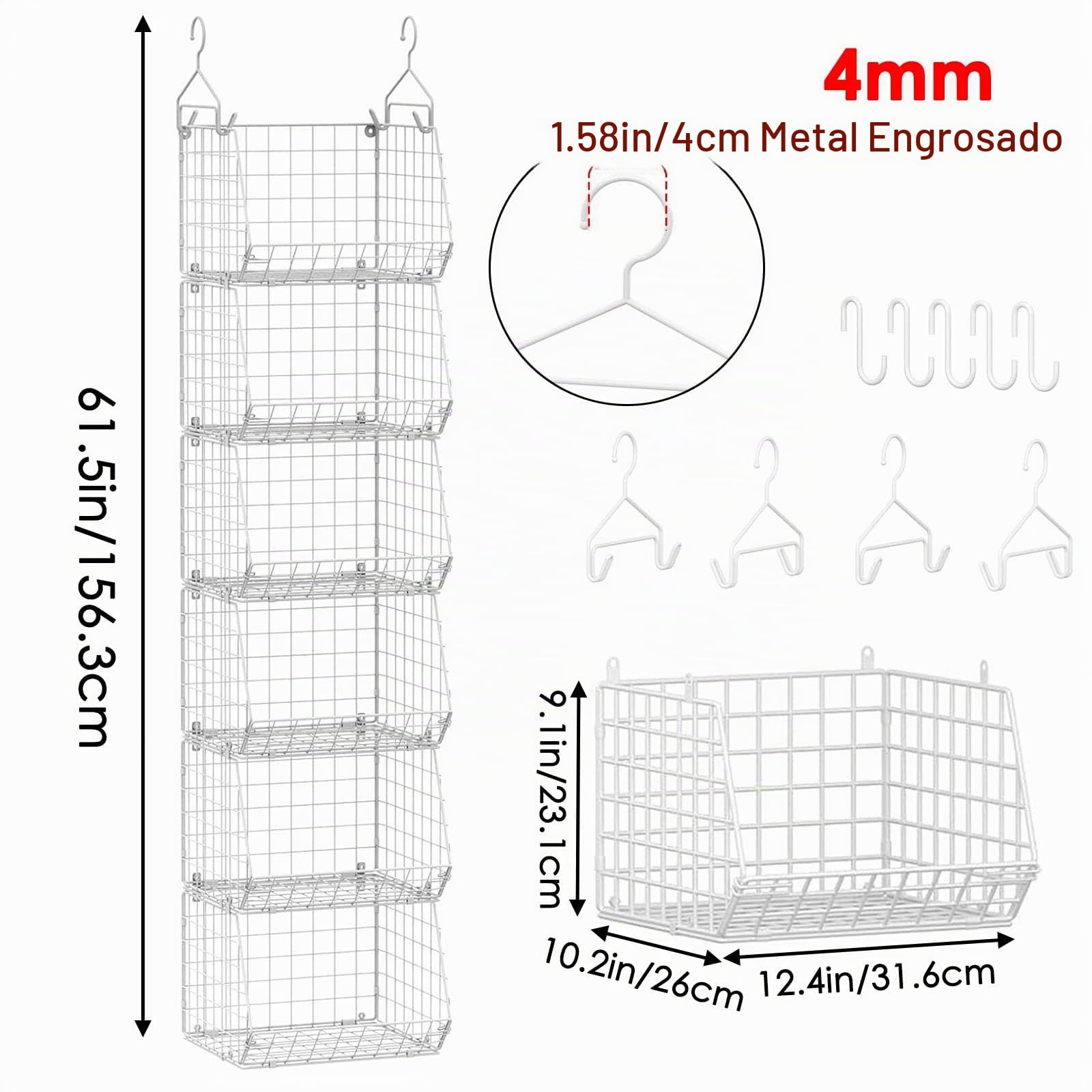 Organizador de armario colgante de 6 niveles, ahorra espacio | Metal duradero, amplia vista, fácil de montar, instrucciones claras incluidas, color blanco