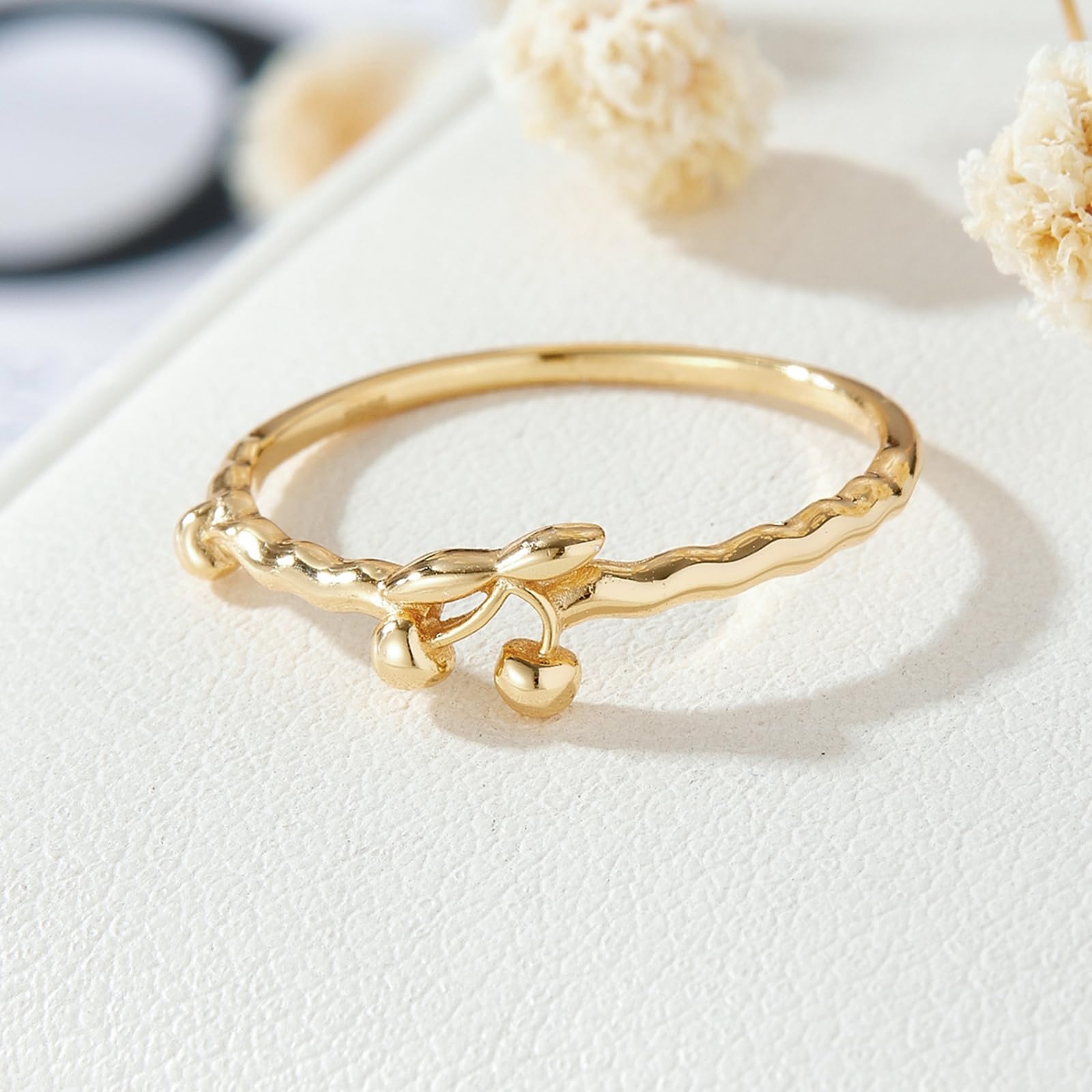 Anello impilabile in oro 9 K/14 K/18 K, sottile, a onde e ciliegie, gioiello da donna