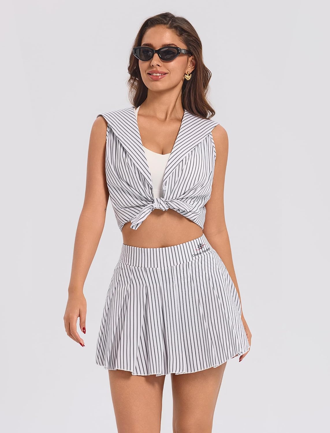 2 Piece Tennis Dress for Women High Waisted Pleated Golf Skort Outfit Nautical Striped Athletic Pickleball Top Sets
