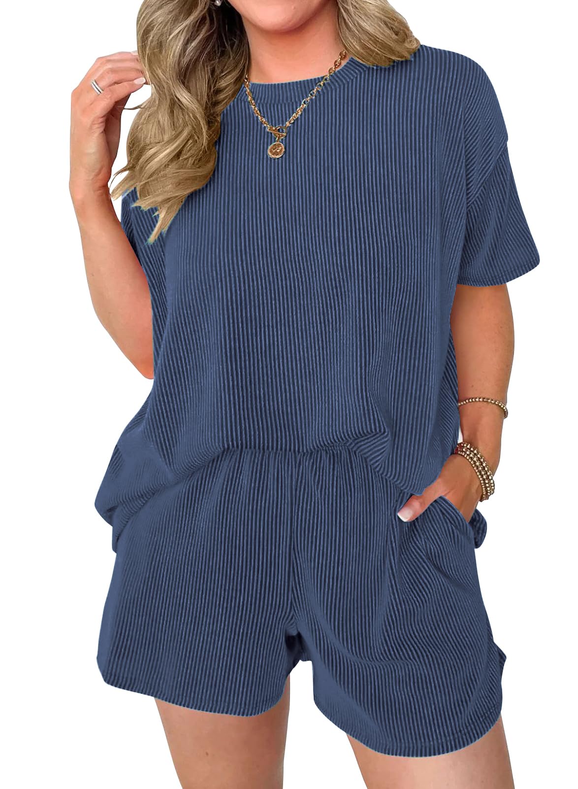 miduo Womens 2 Piece Sets Ribbed Textured Knit Casual Short Sleeve Shirts Shorts Two Piece Lounge Matching Set