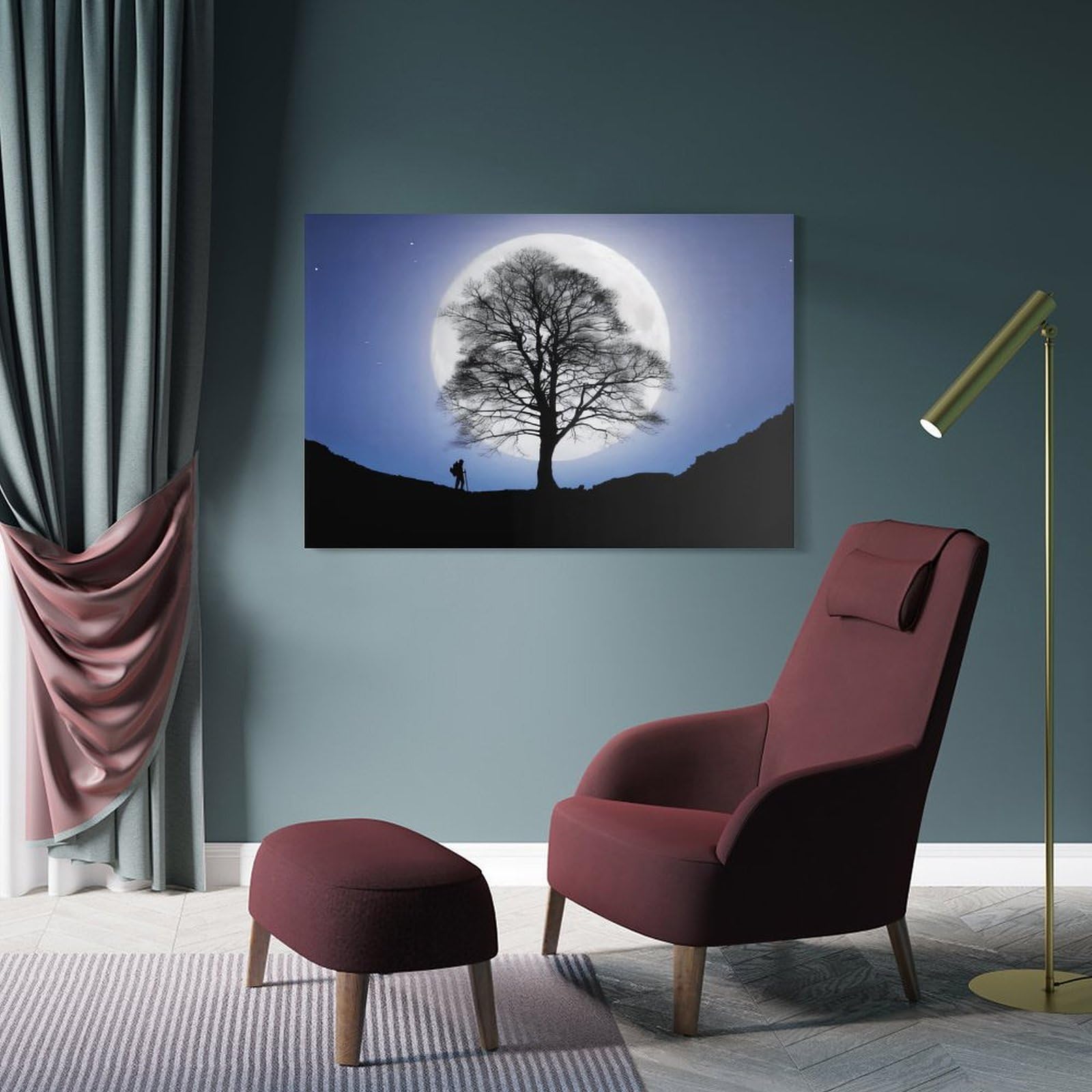 Junmoney Frame-Style-8 Moonlit Hiker Silhouette Canvas Art Print 24X36inch(60X90cm), For Apartment Walls, Studios Or Work Areas, An Easy Choice For New Home Styling