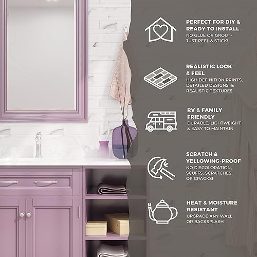 Miniatura 3 de Avant Decor  8 azulejos  Azulejos de metro mixtos de compuesto de piedra  Azulejos de cocina para despegar y pegar  Azulejos de pared adhesivos