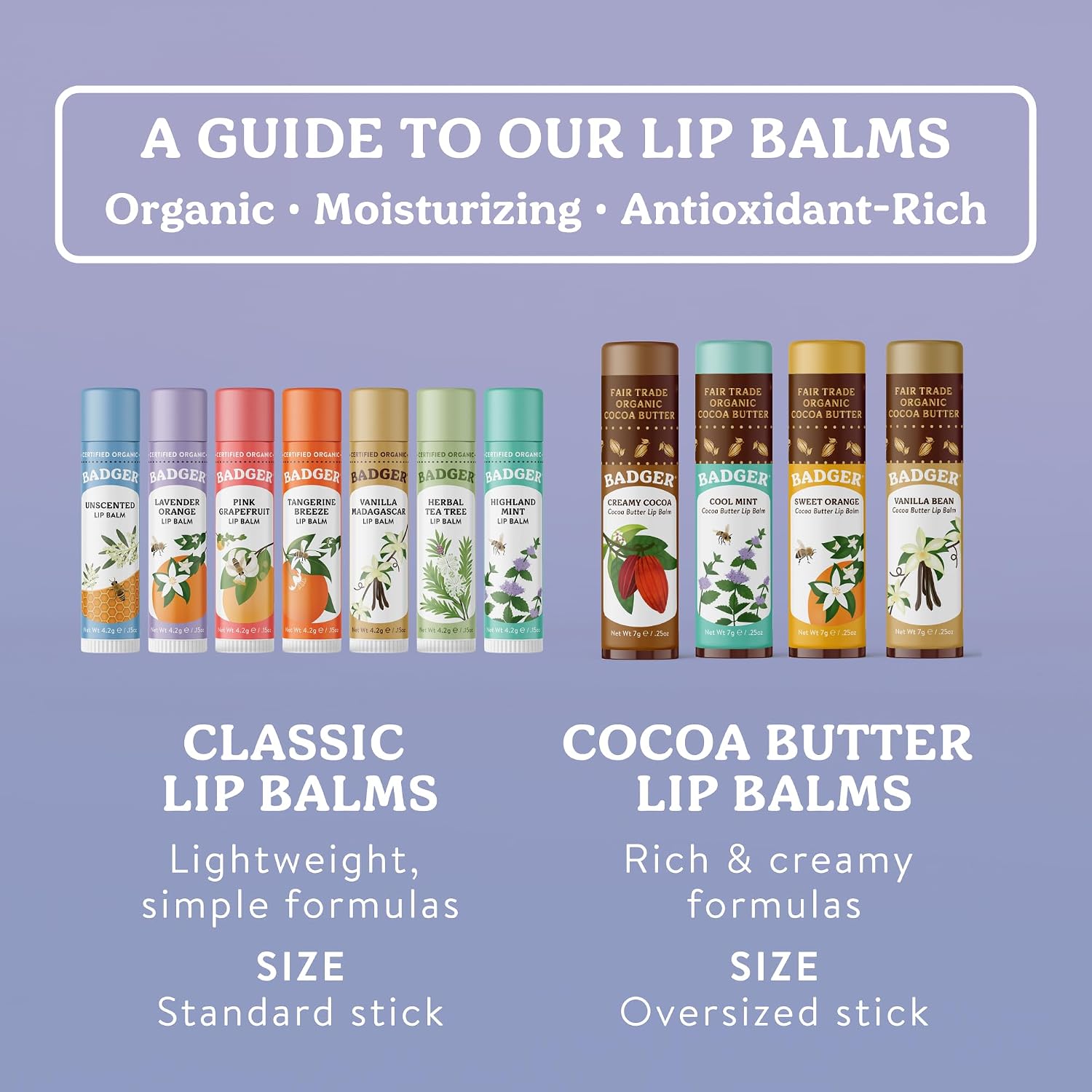 Badger Lavender Orange Classic Lip Balm, 100% Organic Balm, Long Lasting Lip Care w/Light Silky Texture, Uplifting Orange & Calming Lavender Lip Balm, 4 Pack