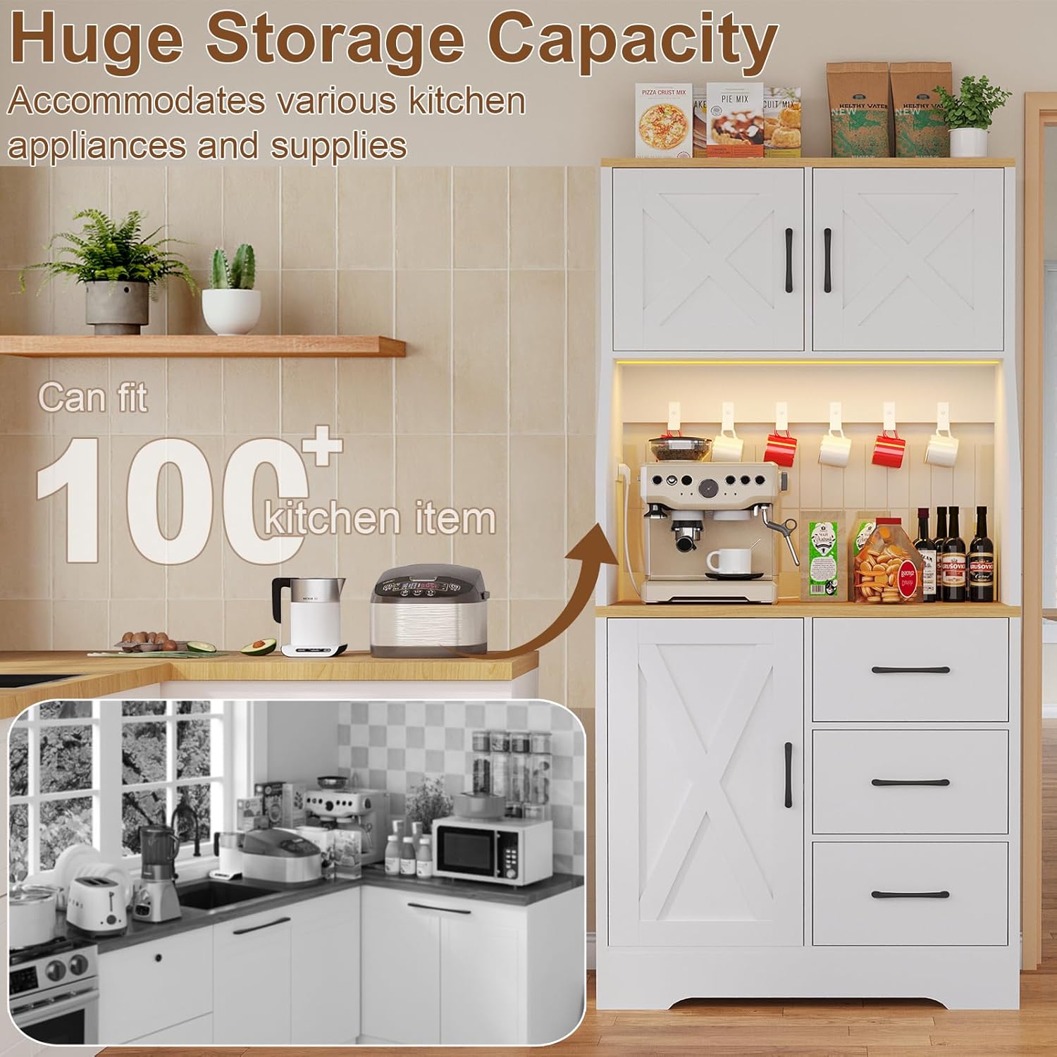 Pantry Cabinet with Adjustable Shelves and 3 Drawers, Tall Kitchen Pantry Storage Cabinet with LED Light & Charging Station, Kitchen Hutch with Microwave Shelf & 6 Hooks for Dining Room