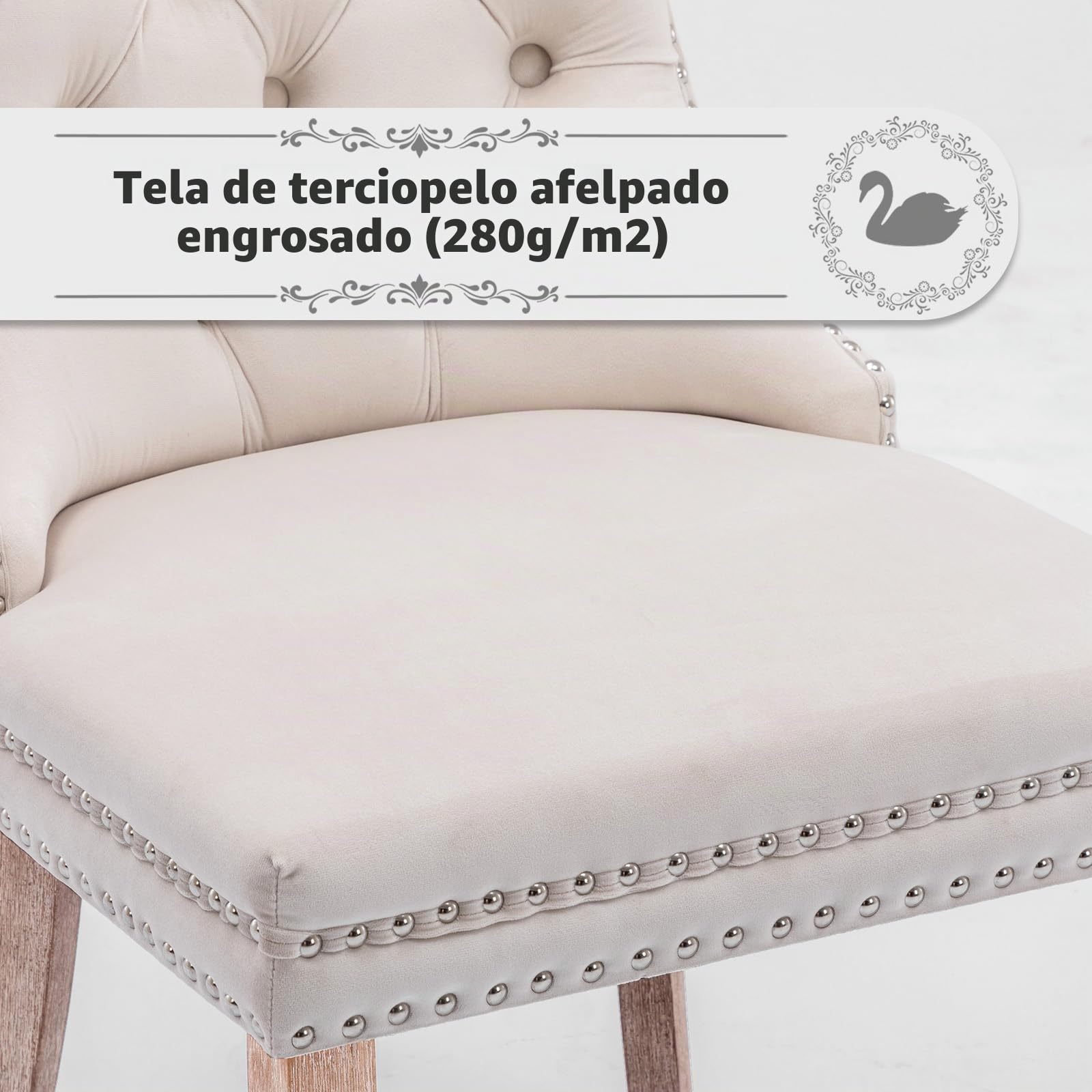 Sillas Comedor Terciopelo Beige, Patas Madera Natural, Juego 6 | Terciopelo tapizado Beige, patas madera natural. Comedor, cocina, sala. Tachuelas y anilla metálica. Sillas de comedor.