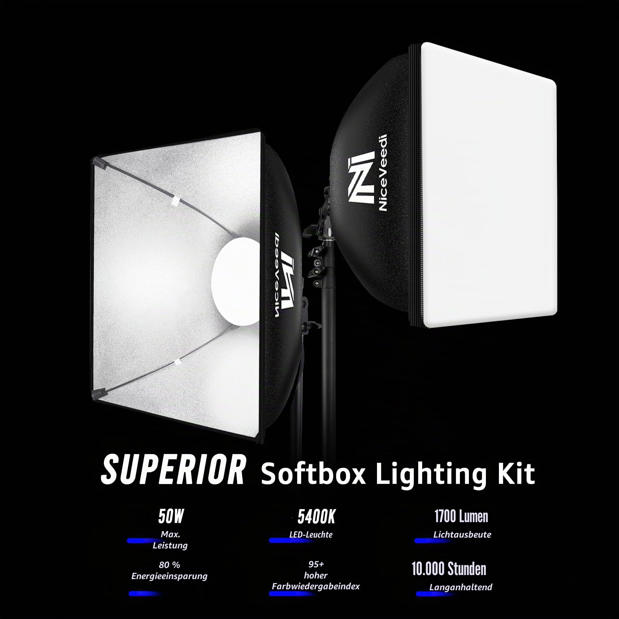 Softbox Fotostudio Set, 40x40cm Softbox LED Litch Set, Mit 50W/5400K Birne,160cm Stativ und Tragetasche, Kontinuierliche Beleuchtung für Photographieren/YouTube/Livestreaming/Kamera-Porträts