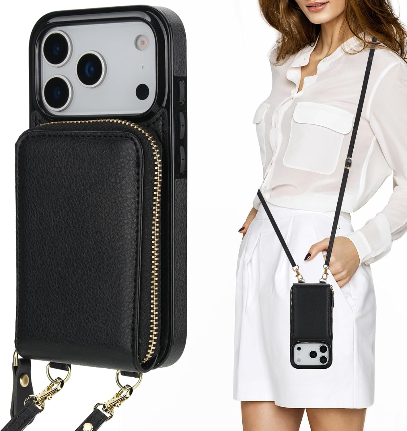 KIHUWEY Crossbody Wallet Case for iPhone 17 Pro, Zipper Pocket Case with Card Holder, PU Leather RFID Blocking Protective Cover Case with Kickstand Detachable Wrist Strap Lanyard 6.3" (Black)