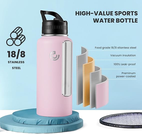 COKTIK 32oz Sports Water Bottle, Stainless Steel Water Bottle for Insulated, Reusable Travel Bottle, With Straw, With Handle Grip for Easy Carrying, Suitable for Cycling, Outdoor Vacations(Blush)