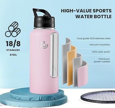 COKTIK 32oz Sports Water Bottle, Stainless Steel Water Bottle for Insulated, Reusable Travel Bottle, With Straw, With Handle Grip for Easy Carrying, Suitable for Cycling, Outdoor Vacations(Blush)