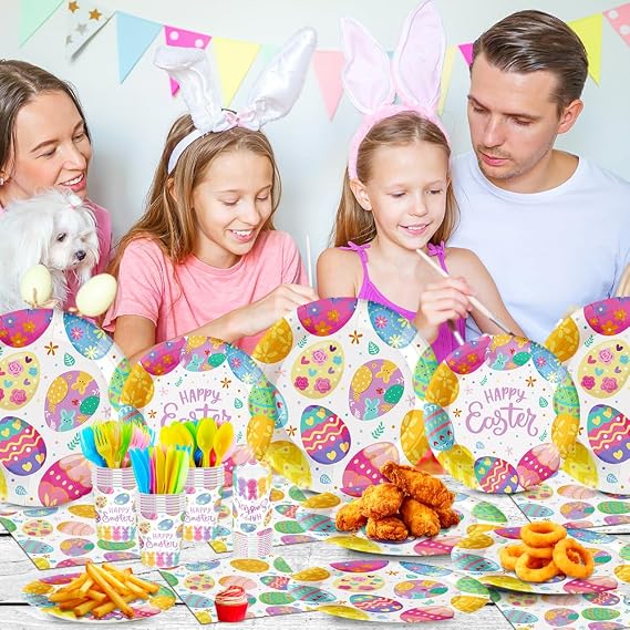 140Pcs Easter Party Supplies Easter Eggs Plates and Napkins Happy Easter Party Decorations Tableware Set Birthday Party Picnic Disposable Paper Plates, Serve 20 Guest