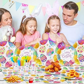 140Pcs Easter Party Supplies Easter Eggs Plates and Napkins Happy Easter Party Decorations Tableware Set Birthday Party Picnic Disposable Paper Plates, Serve 20 Guest